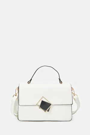 Women White Crossbody Bag With Embellished Chain