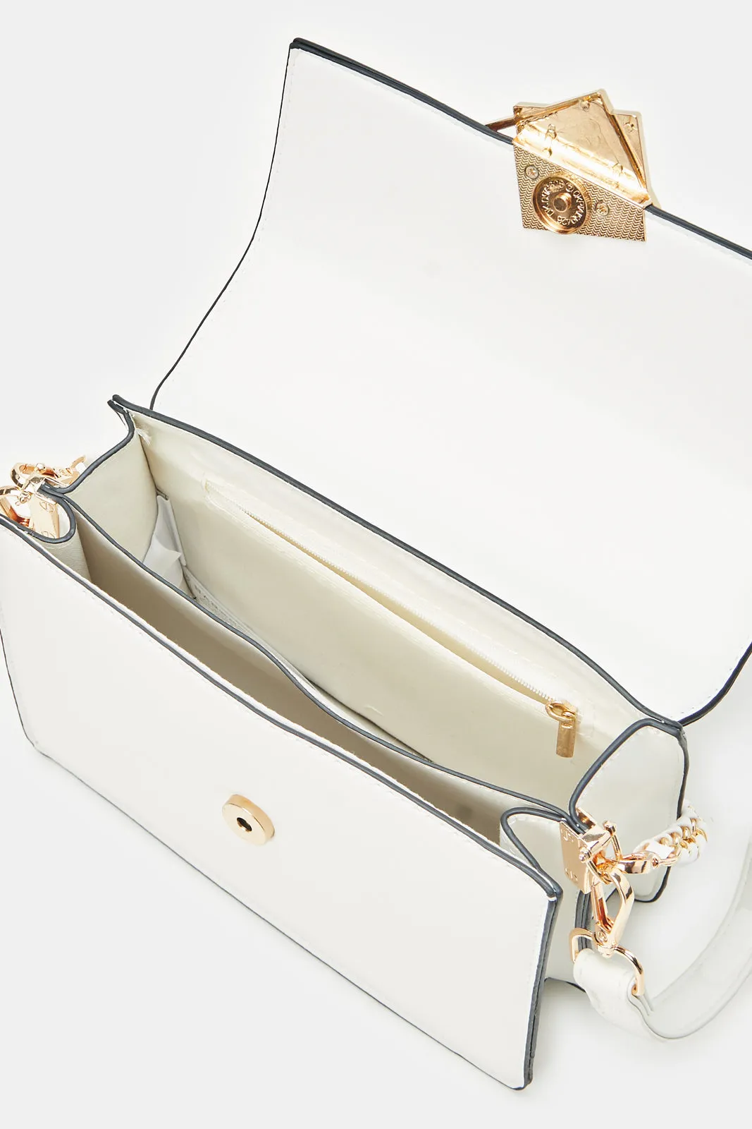 Women White Crossbody Bag With Embellished Chain