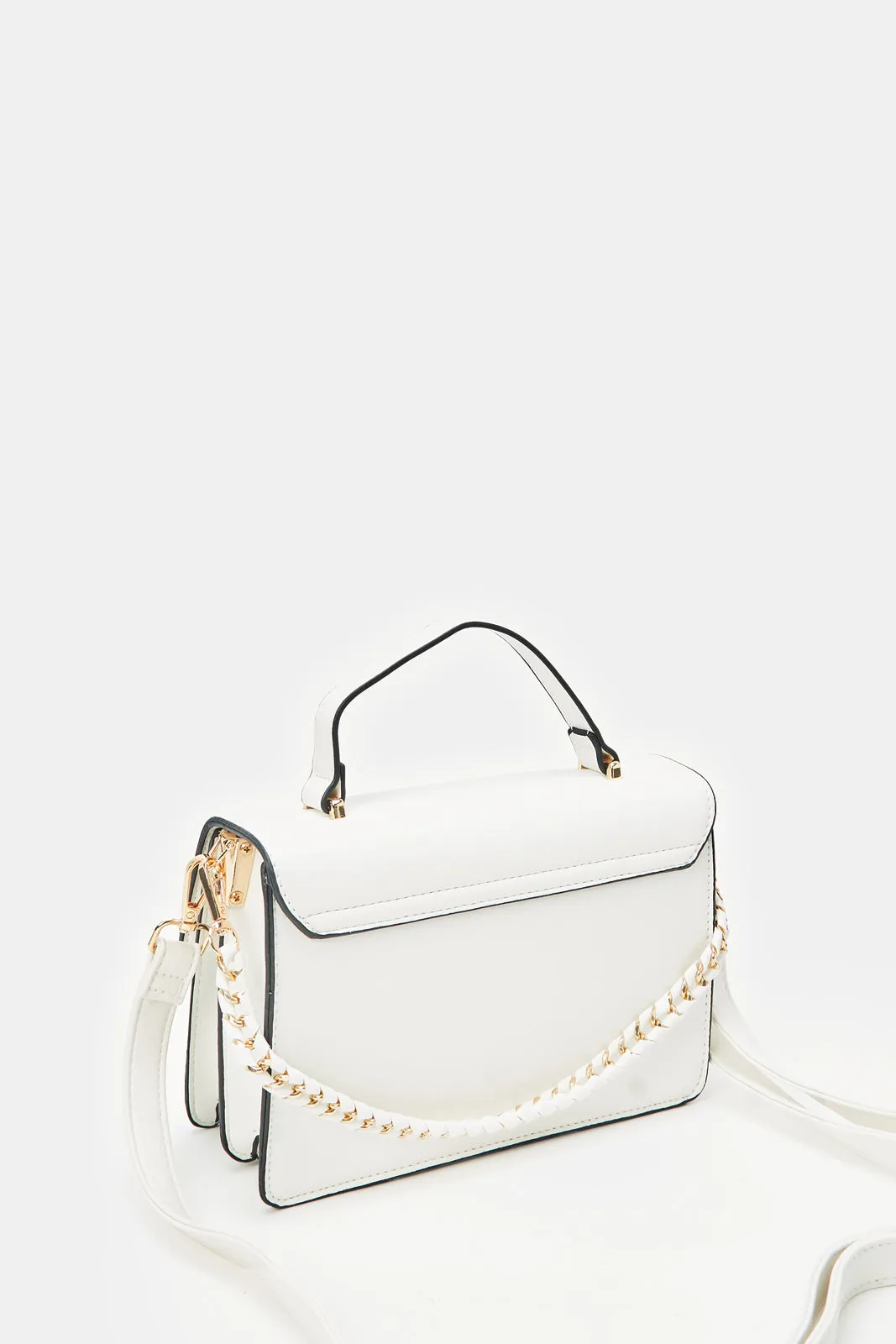 Women White Crossbody Bag With Embellished Chain