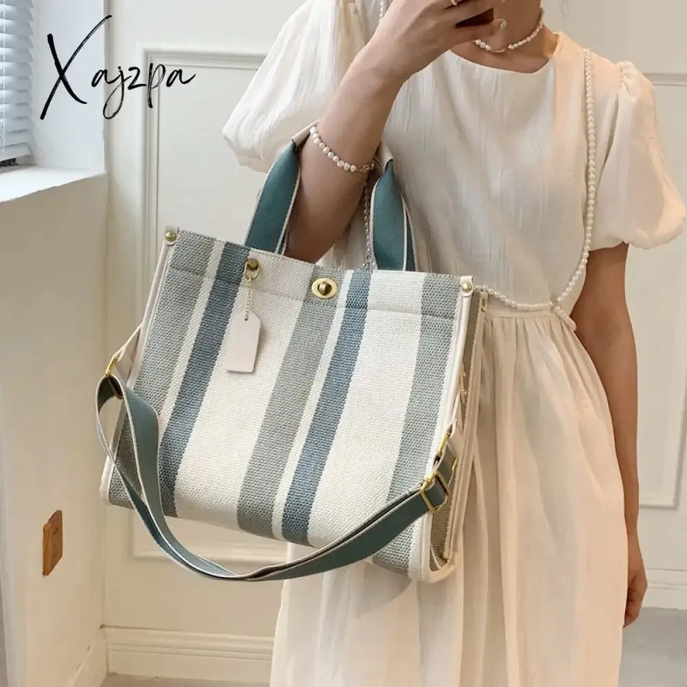 Xajzpa - Canvas Bags For Women Women's Big Capacity Purses Stripe Handbag Designer Tote Shopper Shoulder Bag Crossbody Bag for Women