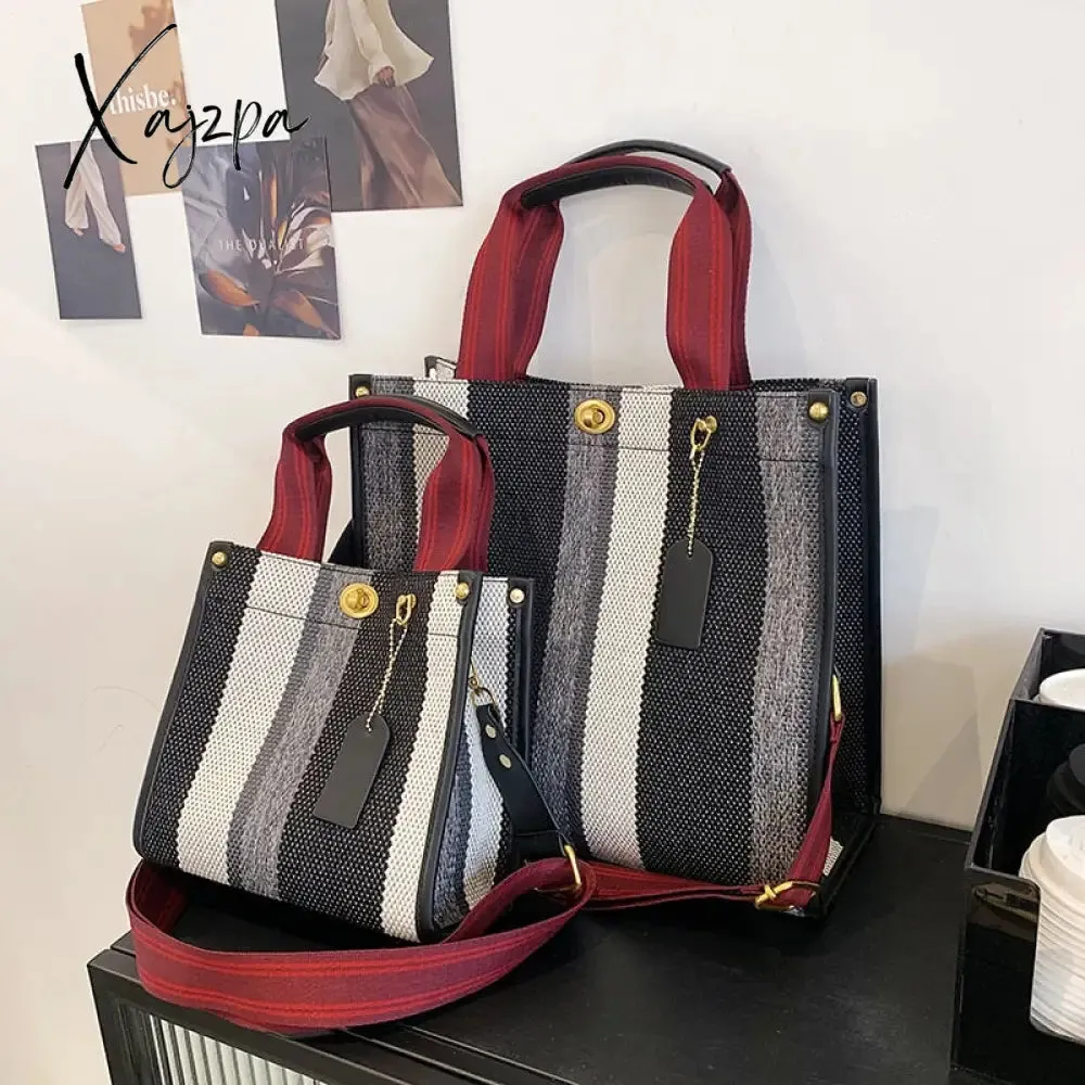 Xajzpa - Canvas Bags For Women Women's Big Capacity Purses Stripe Handbag Designer Tote Shopper Shoulder Bag Crossbody Bag for Women